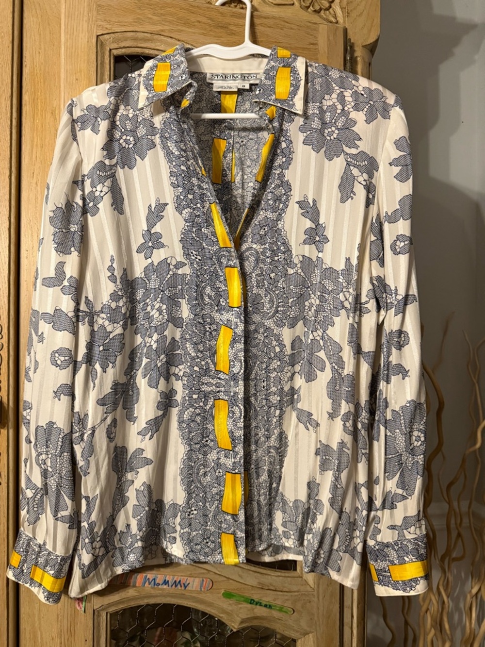Starington Silk Vintage Button Down — Ivory, Blue, & Yellow Accents - Picture 1 of 7
